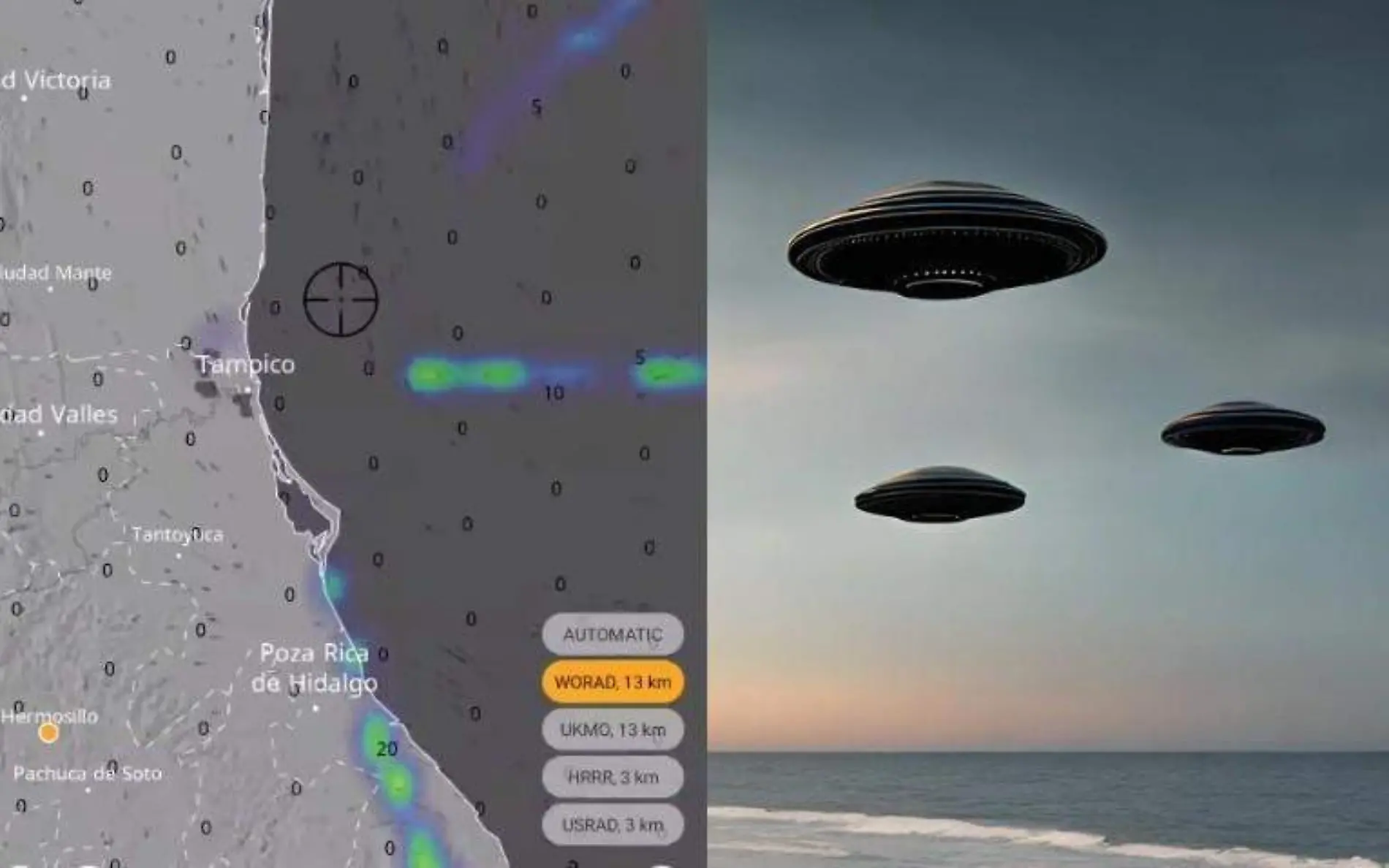 El radar ubicado en Altamira detectaba una presencia, por lo que un meteorólogo salió a aclarar lo sucedido y no eran ovnis Captura de pantalla y generada con IA, Canva